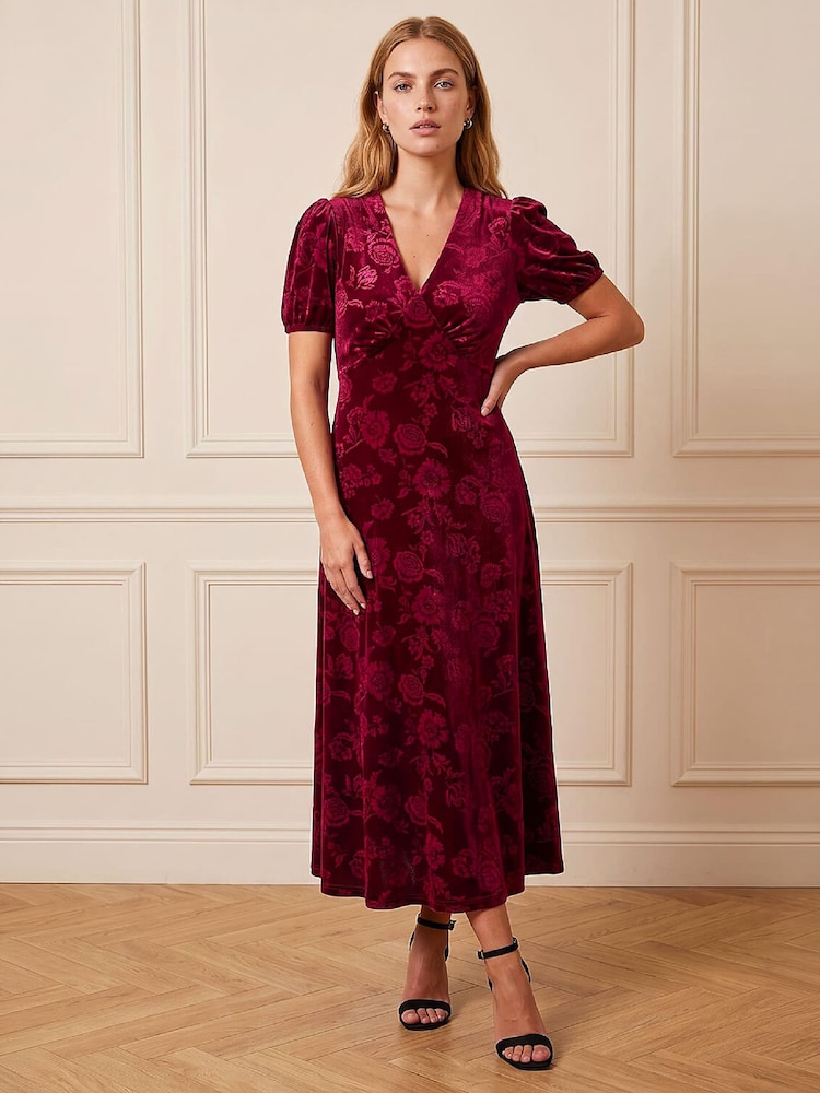 Roman Red Embossed Velvet Dress - Image 2 of 4