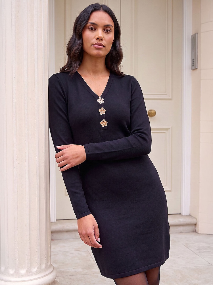 שחור - Roman Button Knitted Dress - תמונה 1 מתוך 4 שחור - Roman Button Knitted Dress - תמונה 1 מתוך 4