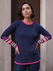Roman Blue Contrast Stripe Detail Knit Jumper - Image 1 of 4