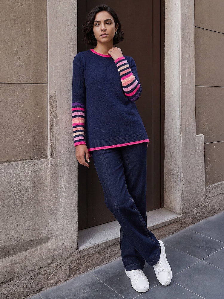 Roman Blue Contrast Stripe Detail Knit Jumper - Image 2 of 4 Roman Blue Contrast Stripe Detail Knit Jumper - Image 2 of 4