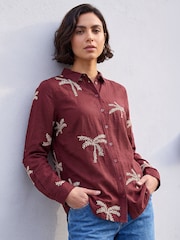 Roman Red Embroidered Palm Print Shirt - Image 1 of 4