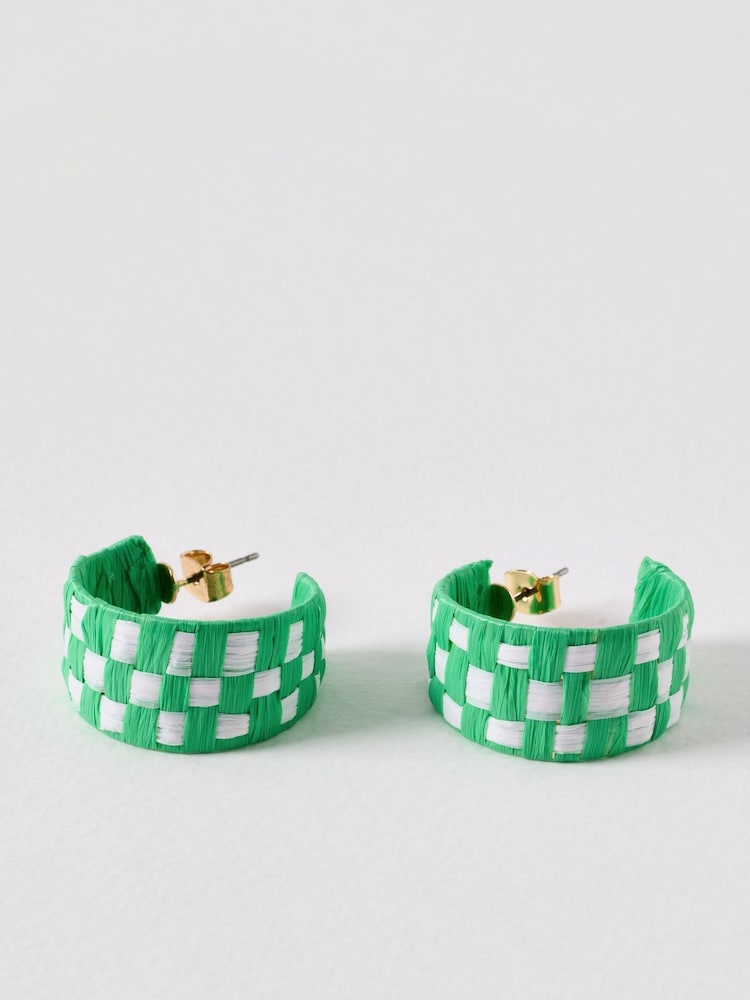 Oliver Bonas Green Willa Green Check Woven Hoop Earrings - Image 1 of 4