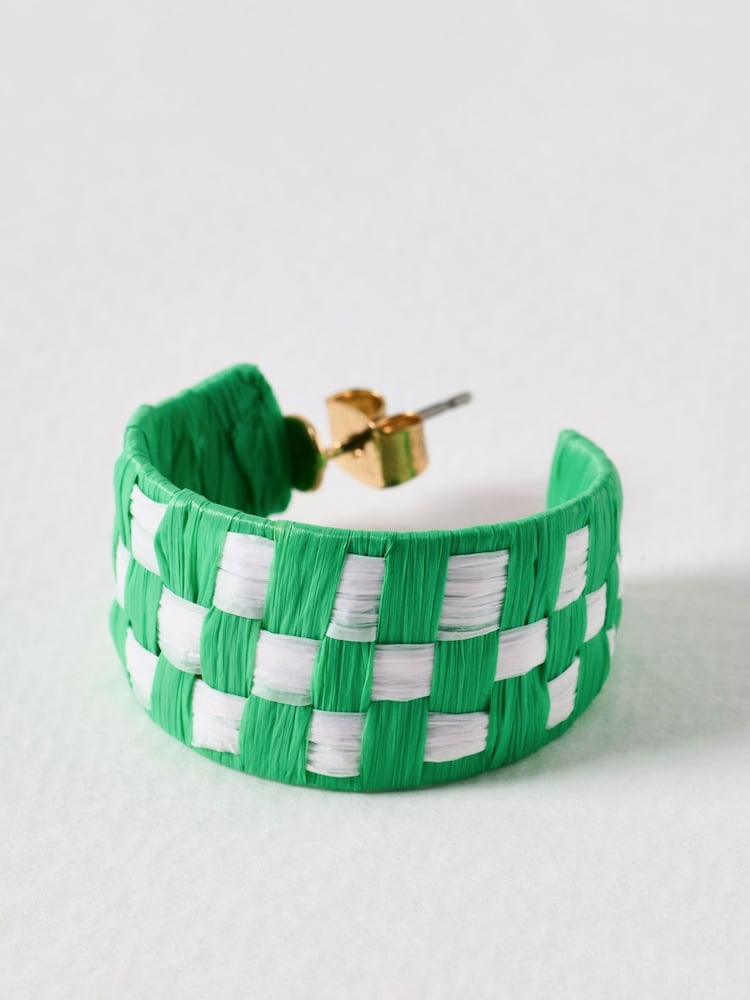 Oliver Bonas Green Willa Green Check Woven Hoop Earrings - Image 2 of 4