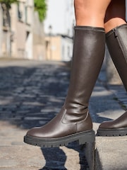Linzi Brown Briody Wide Fit PU Stretch High Leg Boots - Image 1 of 5