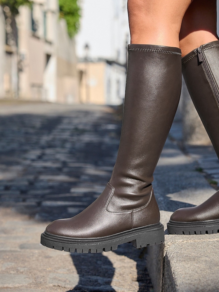 Linzi Brown Briody Wide Fit PU Stretch High Leg Boots - Image 1 of 5