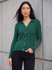 Roman Green Fastening Knit Rib Henley Blouse - Image 1 of 4
