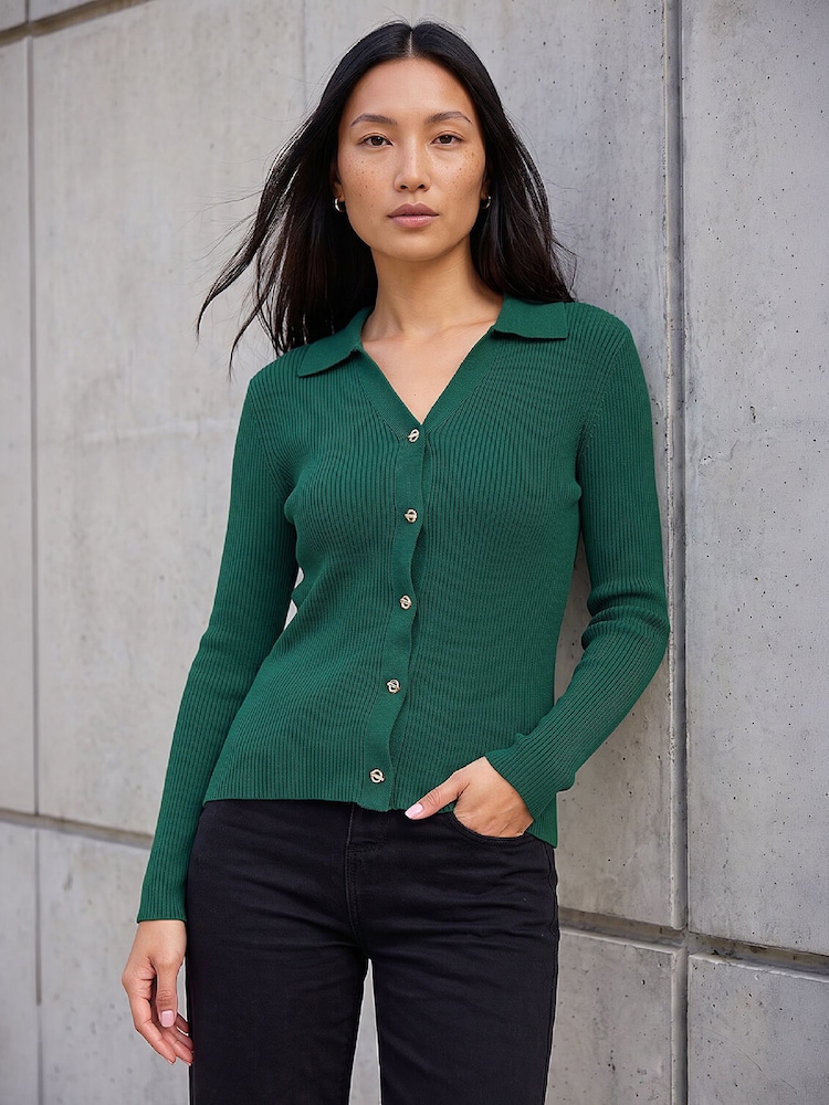 Roman Green Fastening Knit Rib Henley Blouse - Image 1 of 4 Roman Green Fastening Knit Rib Henley Blouse - Image 1 of 4