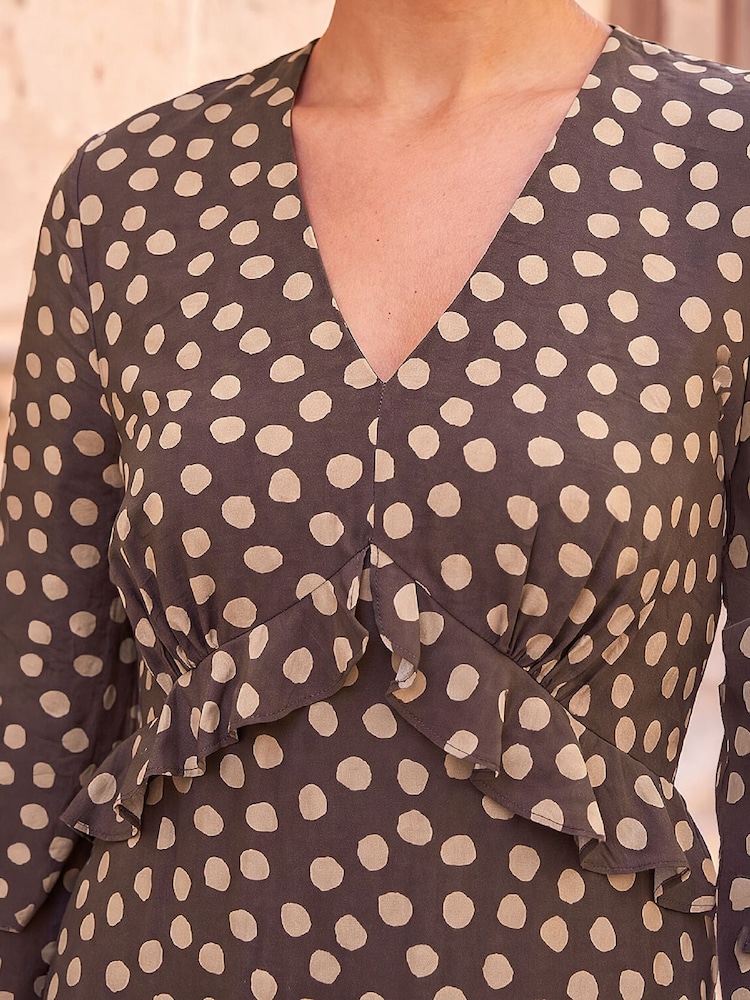 Roman Brown Frill Detail Spot Dress - Image 4 of 4 Roman Brown Frill Detail Spot Dress - Image 4 of 4
