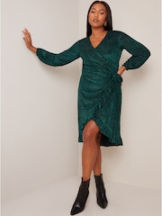 Chi Chi London Green Plus Size Long Sleeve Animal Devore Wrap Dress - Image 1 of 4