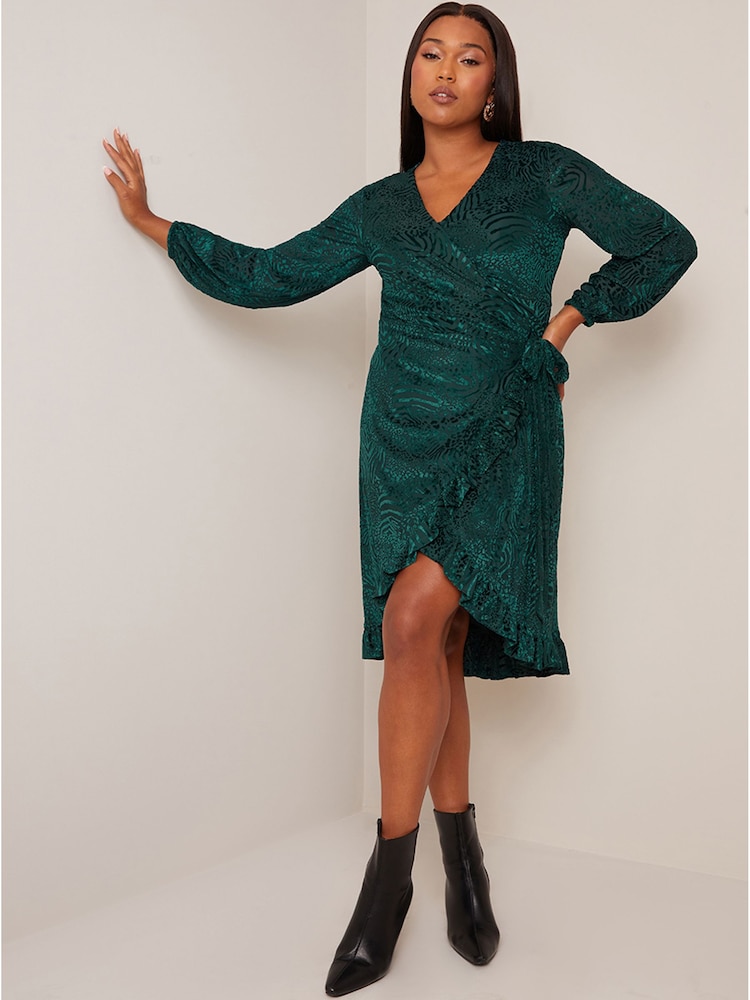 Chi Chi London Green Plus Size Long Sleeve Animal Devore Wrap Dress - Image 1 of 4