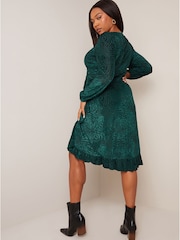 Chi Chi London Green Plus Size Long Sleeve Animal Devore Wrap Dress - Image 2 of 4