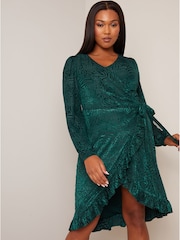 Chi Chi London Green Plus Size Long Sleeve Animal Devore Wrap Dress - Image 3 of 4