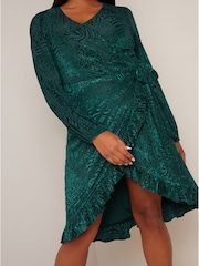 Chi Chi London Green Plus Size Long Sleeve Animal Devore Wrap Dress - Image 4 of 4