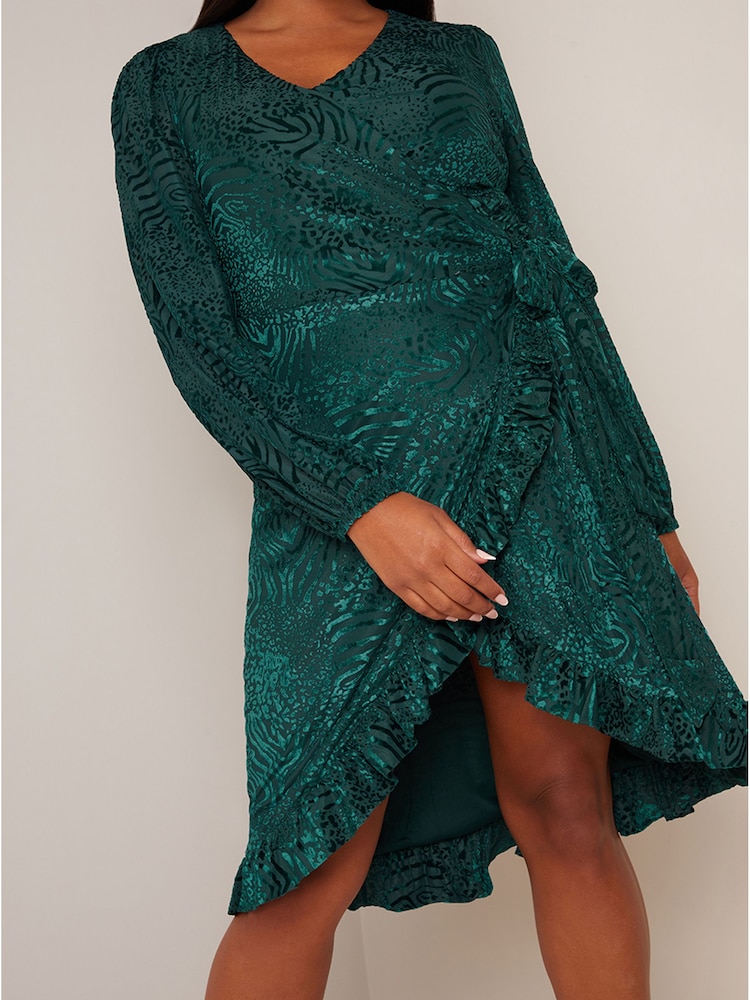 Chi Chi London Green Plus Size Long Sleeve Animal Devore Wrap Dress - Image 4 of 4