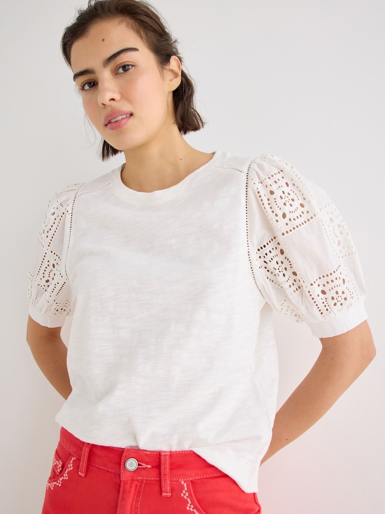 Oliver Bonas White Embroidered Puff Sleeve Top - Image 1 of 7
