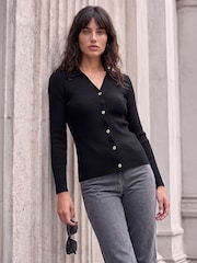 Roman Black Fastening Knit Rib Henley Blouse - Image 1 of 4