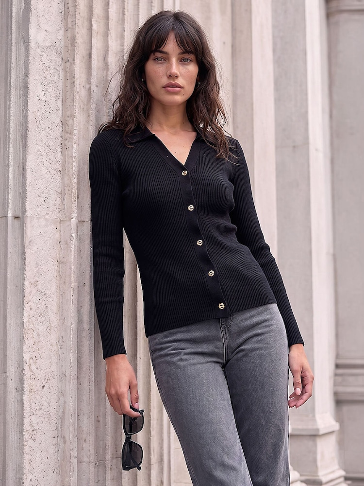 Roman Black Fastening Knit Rib Henley Blouse - Image 1 of 4
