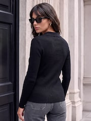 Roman Black Fastening Knit Rib Henley Blouse - Image 2 of 4