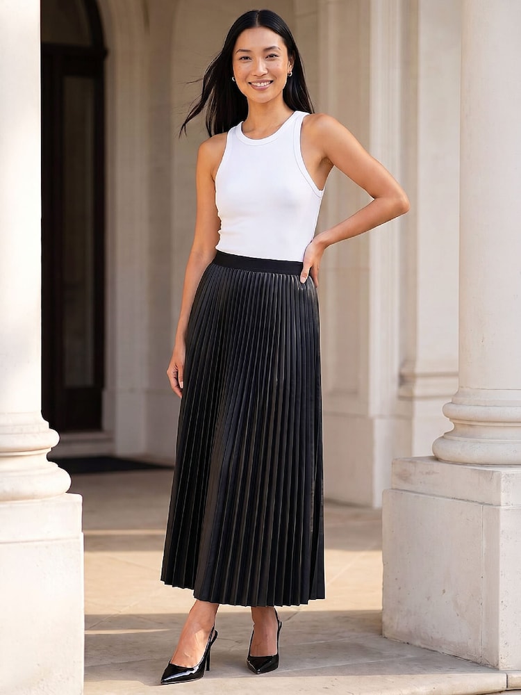 Roman Black Faux Leather Pleated Skirt - Image 2 of 4 Roman Black Faux Leather Pleated Skirt - Image 2 of 4