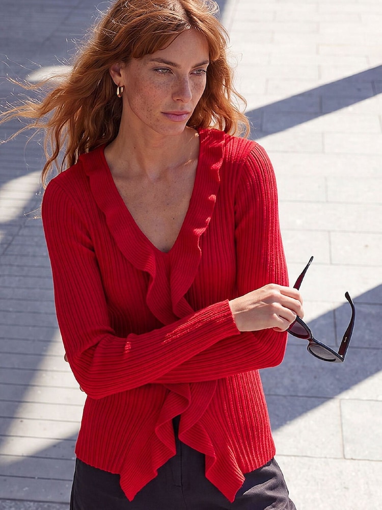 Roman Red Frill Trim Ribbed Knit Top - Image 1 of 4 Roman Red Frill Trim Ribbed Knit Top - Image 1 of 4