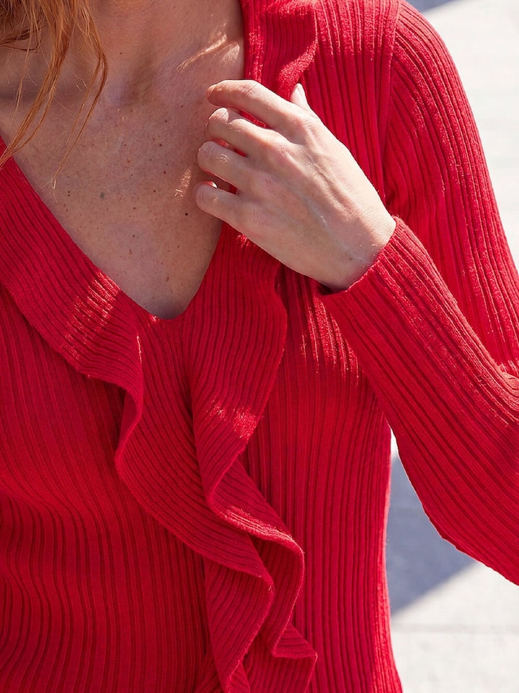Roman Red Frill Trim Ribbed Knit Top - Image 4 of 4 Roman Red Frill Trim Ribbed Knit Top - Image 4 of 4