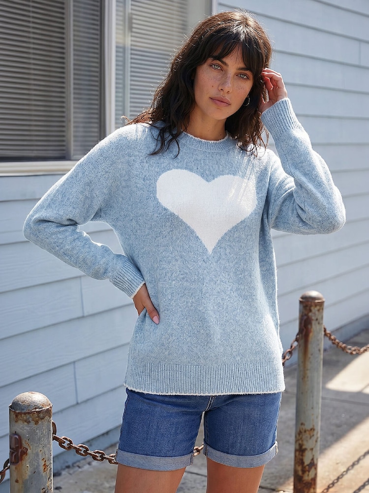 Roman Blue Contrast Stitch Heart Jumper - Image 1 of 4 Roman Blue Contrast Stitch Heart Jumper - Image 1 of 4