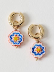 Oliver Bonas Red Hope Blue & Red Flower Charm Drop Hoop Earrings - Image 1 of 3