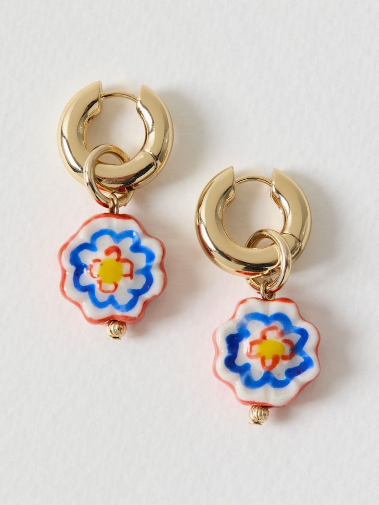 Oliver Bonas Red Hope Blue & Red Flower Charm Drop Hoop Earrings - Image 1 of 3