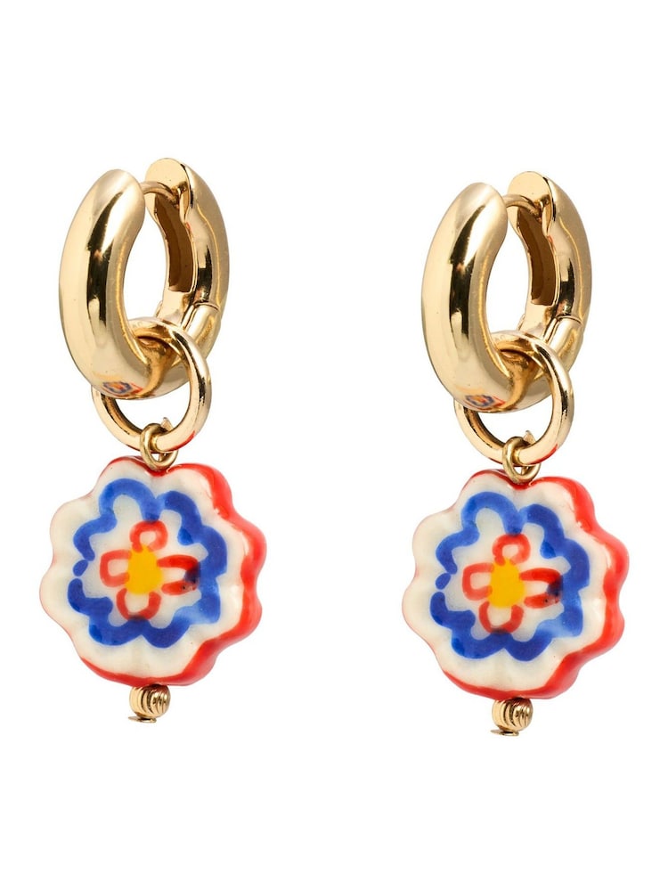 Oliver Bonas Red Hope Blue & Red Flower Charm Drop Hoop Earrings - Image 2 of 3