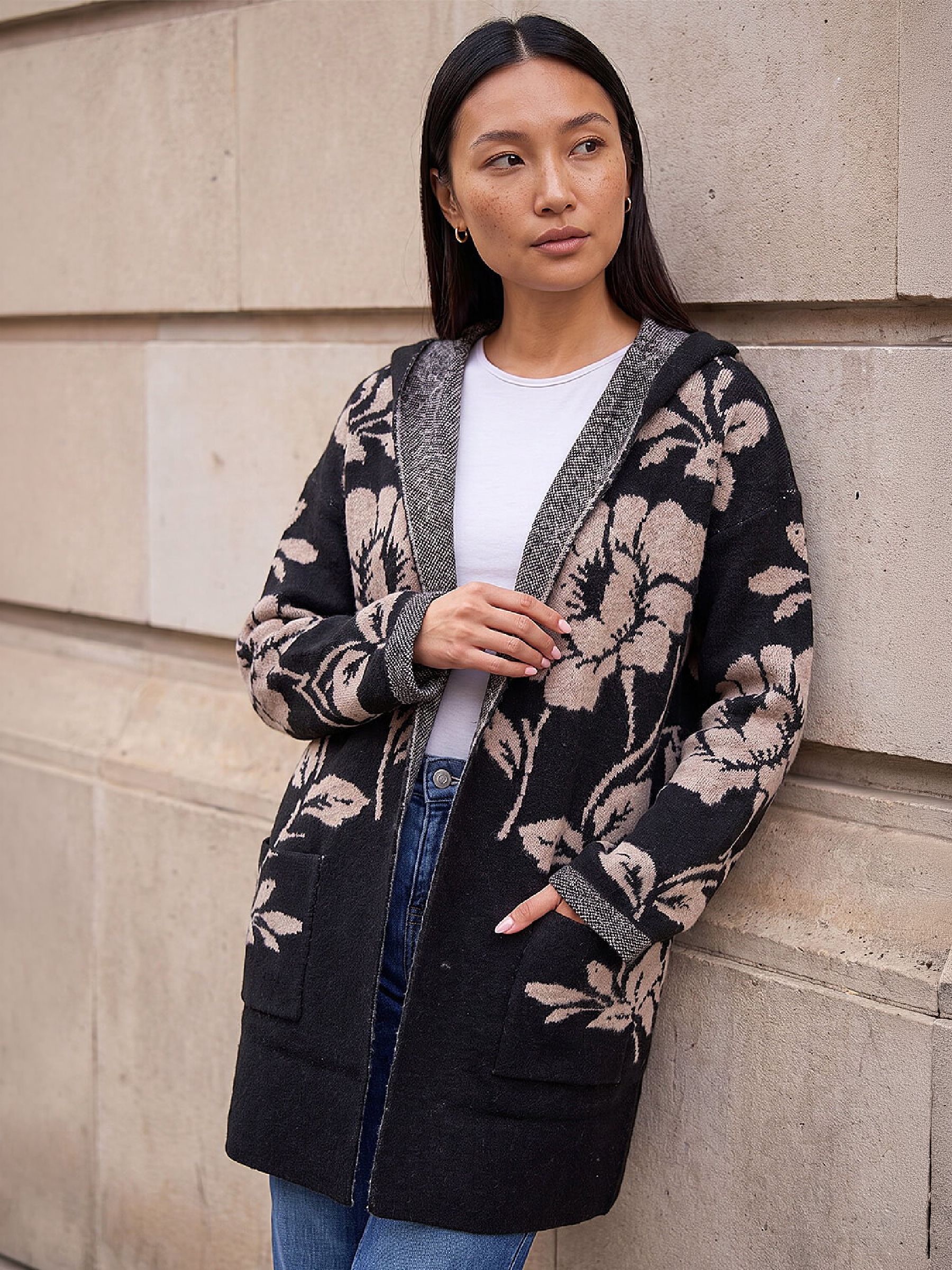 Roman Women's Floral Hooded Knit Cardigan Sweater in Black | Size: 18 - Image 4