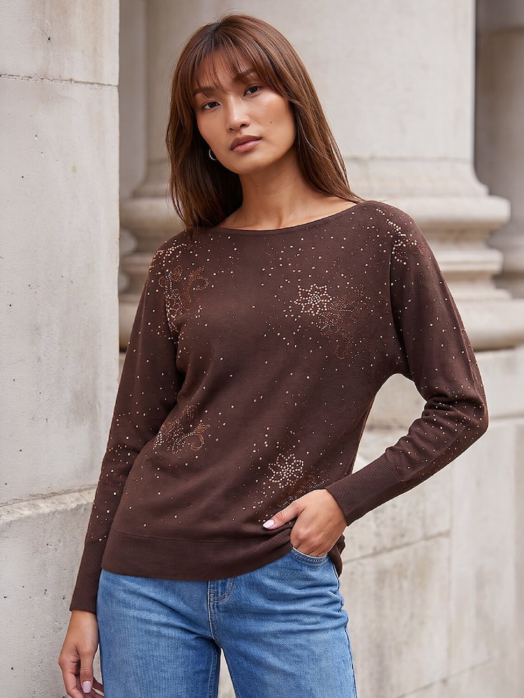 Roman Brown Floral Hotfix Knit Jumper - Image 1 of 4