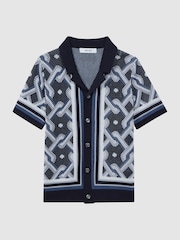 Reiss Navy Multi Hyde Junior Knitted Cuban Collar Button-Through Shirt - Image 2 of 6