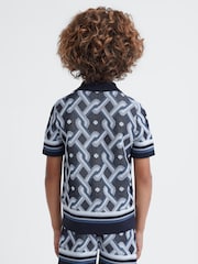 Reiss Navy Multi Hyde Junior Knitted Cuban Collar Button-Through Shirt - Image 5 of 6