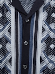 Reiss Navy Multi Hyde Junior Knitted Cuban Collar Button-Through Shirt - Image 6 of 6