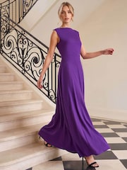 Roman Purple High Neck Pleated Midi Dress - Image 1 of 4