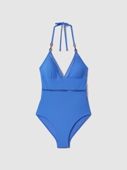 Reiss Light Blue Rita Lattice Halter Neck Swimsuit - Image 2 of 6