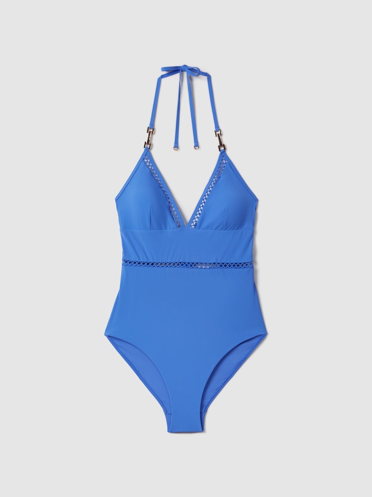 Reiss Light Blue Rita Lattice Halter Neck Swimsuit - Image 2 of 6