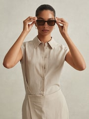 Reiss Neutral Yasmin Lyocell Linen Wrap Front Midi Dress - Image 1 of 6