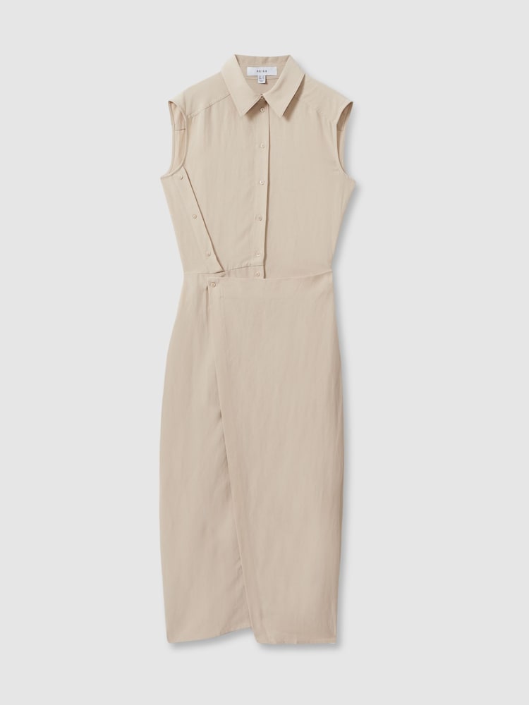 Reiss Neutral Yasmin Lyocell Linen Wrap Front Midi Dress - Image 2 of 6