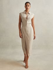 Reiss Neutral Yasmin Lyocell Linen Wrap Front Midi Dress - Image 3 of 6