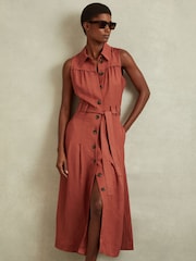 Reiss Rust Heidi Viscose-Linen Belted Midi Dress - Image 3 of 5