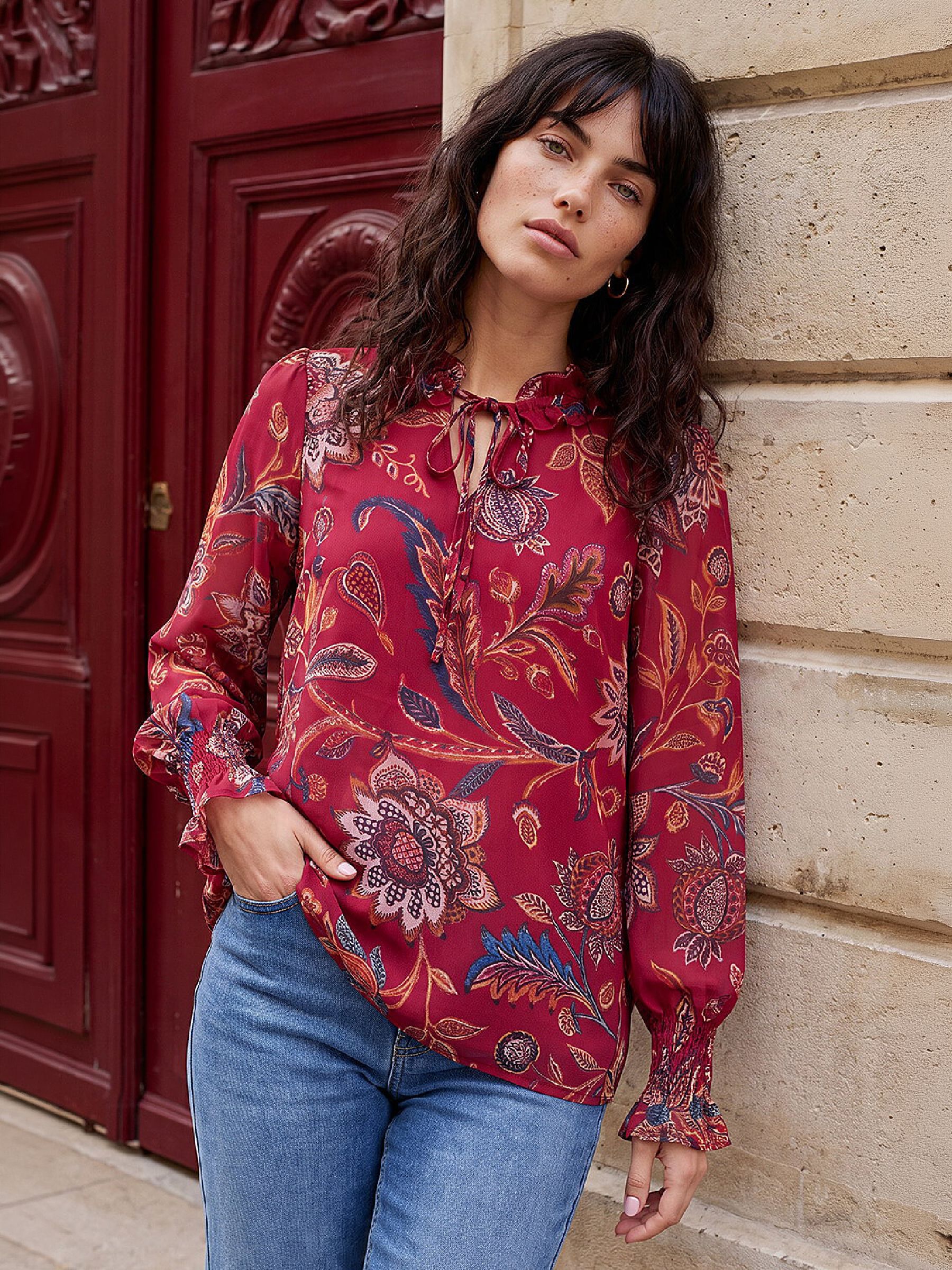 Roman Women's Red Floral Long Sleeve Top - Image 1
