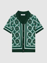 Reiss Green Multi Hyde Senior Knitted Cuban Collar Button-Through Shirt - Image 2 of 6