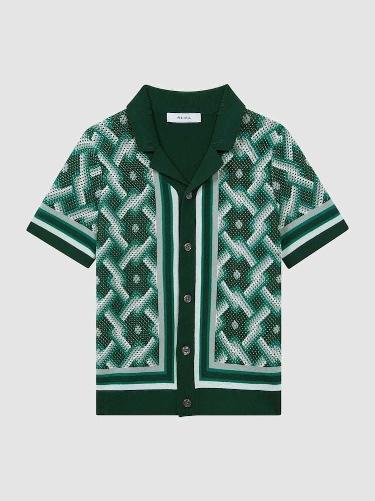 Reiss Green Multi Hyde Senior Knitted Cuban Collar Button-Through Shirt - Image 2 of 6