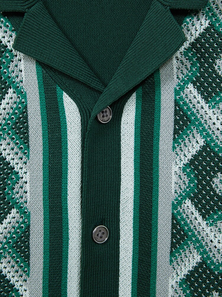 Reiss Green Multi Hyde Senior Knitted Cuban Collar Button-Through Shirt - Image 6 of 6