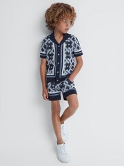 Reiss Navy Multi Hyde 9-13 yrs Knitted Cuban Collar Button-Through Shirt - Image 1 of 6