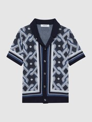Reiss Navy Multi Hyde 9-13 yrs Knitted Cuban Collar Button-Through Shirt - Image 2 of 6