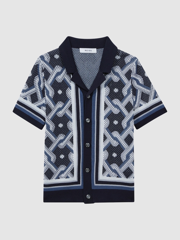 Reiss Navy Multi Hyde 9-13 yrs Knitted Cuban Collar Button-Through Shirt - Image 2 of 6