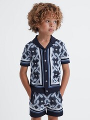 Reiss Navy Multi Hyde 9-13 yrs Knitted Cuban Collar Button-Through Shirt - Image 3 of 6