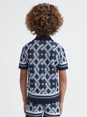 Reiss Navy Multi Hyde 9-13 yrs Knitted Cuban Collar Button-Through Shirt - Image 5 of 6